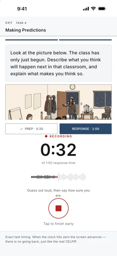 Screenshot of a Speaking Task 4 question in the app, Making Predictions: an illustrated classroom scene, a finished preparation tab and a response tab, a Recording label over a countdown reading 0:32 of the one-minute response, and a live waveform.