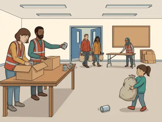 A food drive at a community centre: two volunteers sorting donated cans into boxes at a long table, a family carrying full bags in through the double doors, a third volunteer opening another table at the back, and a small child struggling with an oversized cloth bag while a loose can rolls across the floor in front of her.