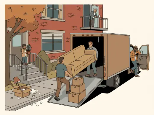 Moving day outside an apartment building: two movers carrying a couch up the open ramp of a rented truck, the lower one stepping towards a stack of boxes left on the ramp, a child holding a potted plant on the front steps, an older neighbour watching from a balcony with a cup, and the driver leaning on the cab looking at his phone.