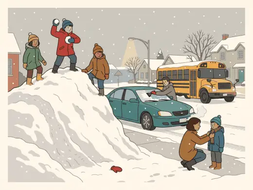 A winter morning at a school bus stop: three children in snow gear on top of a snowbank and one of them shaping a snowball, a parent scraping ice off a windscreen with the engine running, a second parent fixing the scarf of a fourth child, a dropped mitten in the snow, and the yellow school bus arriving from the right with its lights on.