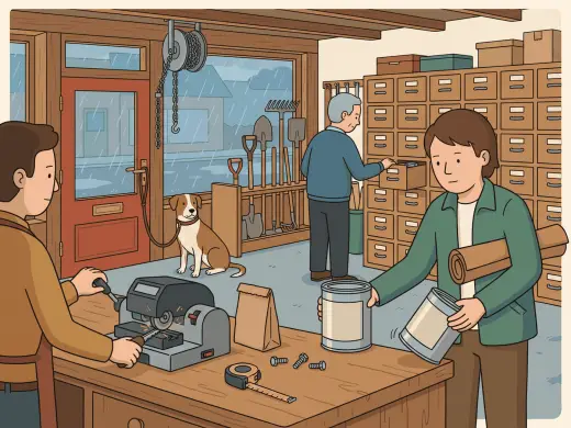 The checkout counter of a small hardware store: a clerk cutting a spare key on a machine behind the counter, a customer setting two paint cans down near the edge of the counter with a roll of something under one arm, a second customer looking into an open drawer of screws on the wall, a dog waiting by the door with its leash looped over the handle, and rain on the street outside the window.