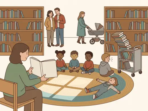 Story hour in a public library: a librarian on a low chair holding an open picture book towards five children on a rug, three of them listening cross-legged, one turned around laughing and one lying on his back, two parents talking between the shelves behind them, a third rocking a pram, and a returns trolley in the corner with a leaning stack of books on top.