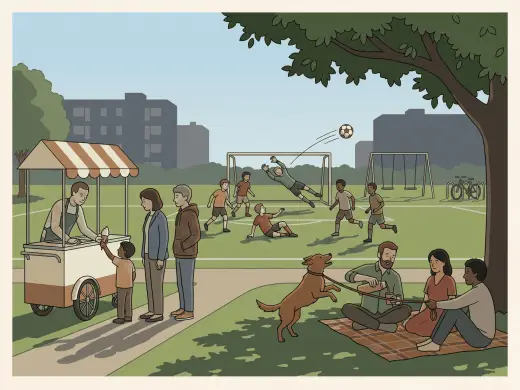 A neighbourhood park on a summer afternoon: a six-a-side football game on the grass with the goalkeeper stretching for a high ball and one player on the ground, three adults on a picnic blanket under a tree with a dog pulling at its lead, and a vendor at an ice cream cart handing a cone to a child with two more people waiting in line.