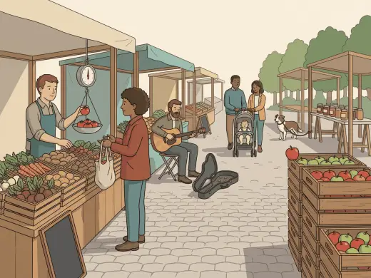 A farmers’ market on a Saturday morning: a vendor weighing tomatoes on a hanging scale while a customer holds out a cloth bag, a stack of apple crates on the next stall with one apple already resting on the edge of the top crate, a busker playing a guitar with an open case at his feet, a couple pushing a stroller between the stalls, and a dog tied to a post beside a table of jars.