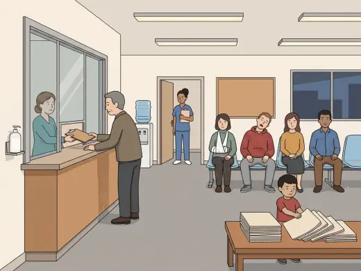 A walk-in clinic waiting room in the evening: a receptionist behind a glass window handing a clipboard to a man leaning on the counter, four people waiting in a row of chairs with one of them holding a wrapped wrist and another asleep, a small boy pulling a magazine off a low table so the whole pile is sliding towards the edge, and a nurse standing in a doorway at the back holding a folder.