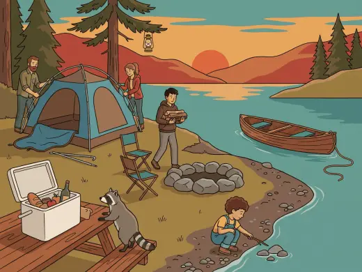 A campsite beside a lake at dusk: two adults raising a tent with one corner still flat on the ground, a teenager carrying an armful of firewood towards a ring of stones, a child crouching at the water’s edge beside a canoe that has begun to drift away from the shore, and a picnic table with an open cooler on it and a raccoon at the far end of the table.
