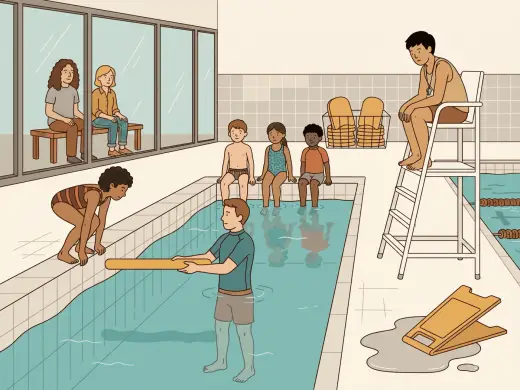 A swimming lesson at a public pool: an instructor standing in the shallow end holding a float out to a child who is crouched on the wall about to push off, three more children sitting on the pool edge with their legs in the water, a lifeguard leaning forward on a high chair with a whistle, two parents watching from a bench behind a glass wall, and a wet-floor sign lying flat on the tiles where somebody has knocked it over.