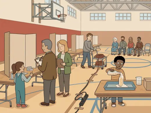 A science fair in a school gymnasium: a girl standing beside a tall display board explaining her project to two judges with clipboards, a boy at the next table tipping a bottle over a tray as the liquid inside begins to foam up over the rim, a teacher wheeling a cart of extension cords down the aisle between the tables, and a row of parents watching from folding chairs along the wall.