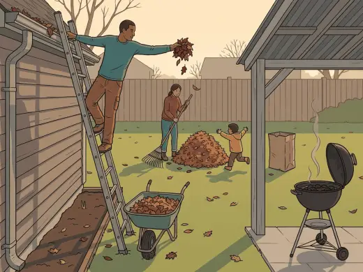 A backyard on an autumn afternoon: a man near the top of a ladder leaning against the gutter and reaching sideways for a handful of leaves, a woman raking a large pile of leaves that a small child is running towards with both arms out, a barbecue smoking with its lid open on the patio, and a wheelbarrow half full of leaves parked at the foot of the ladder.