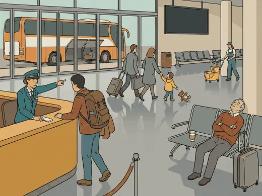 A bus terminal departure hall in the morning: a uniformed staff member leaning over a counter and pointing the way for a traveller with a backpack, a family hurrying towards the doors with suitcases while the child they are pulling along looks back at a stuffed toy dropped on the floor behind them, an older man asleep on a bench beside his suitcase and a paper cup, and a cleaner pushing a mop bucket past a coach waiting outside the glass.