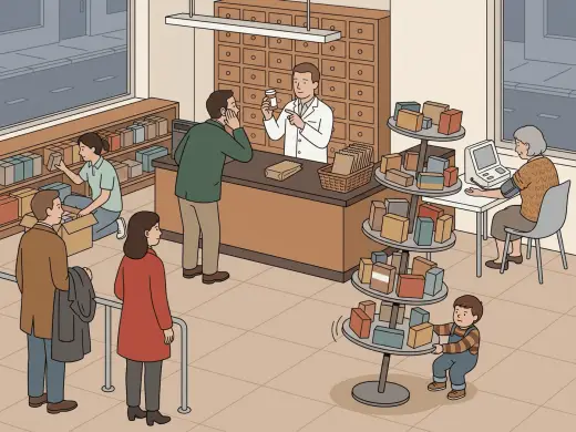A pharmacy counter in the late afternoon: a pharmacist holding up a pill bottle to explain it to a customer who is cupping one ear to hear, two more people waiting behind a rail, an assistant kneeling to restock a low shelf, an older woman with her arm in a blood-pressure machine at a side table, and a small child pulling on the bottom shelf of a tall display stand so that the whole stand is tilting towards him.