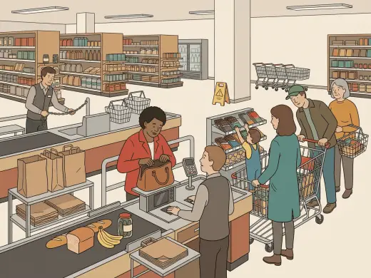 A grocery store checkout in the evening: a cashier waiting with one hand on the scanner while the customer in front of her searches through an open handbag with her groceries already bagged, three shoppers waiting in the line behind her, a small child on the rail of a cart reaching up towards a rack of chocolate bars while the shopper pushing it looks the other way, and a clerk pulling a chain across the next lane to close it.