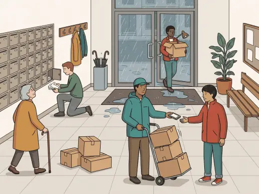 An apartment lobby on a rainy afternoon: a courier holding out a handheld device to a resident beside a loaded hand trolley with the top parcel pushed crooked over the edge of the stack, three more parcels left standing on the floor of the walkway, an older resident with a cane crossing the lobby with her eyes on the wall of mailboxes instead of the floor, a resident kneeling at an open mailbox with a handful of letters, and another coming in through the glass doors carrying a box with a lamp in it.