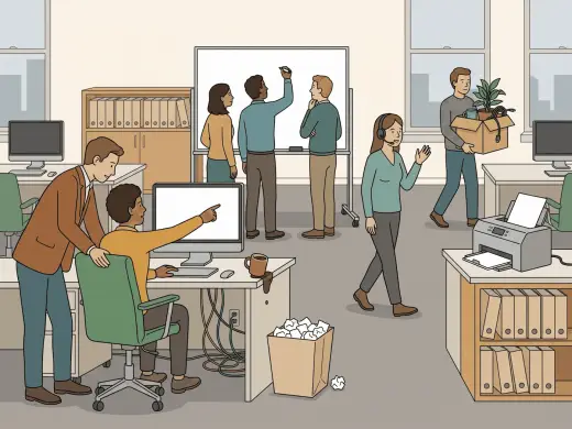 An open-plan office in the afternoon: two colleagues at one desk looking at a blank monitor with a full mug standing half over the edge of the desk beside the elbow of the one who is pointing at the screen, three people at a blank whiteboard with one of them holding a marker to it, a woman walking down the aisle talking on a headset, a man carrying a box of desk things towards an empty desk, and a printer with a sheet of paper left sticking out of it.