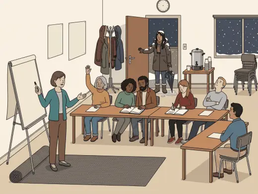 An adult language class in a community centre on a winter evening: a teacher standing at a blank flip chart with a marker raised, six adult learners at tables with one of them putting a hand up, two of them sharing a single open book and one writing in a notebook, a coat rack and a coffee urn along the wall, and a late arrival standing in the open doorway with snow on her shoulders and a dripping umbrella, waiting to be noticed.