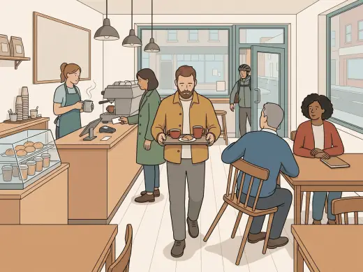 A neighbourhood coffee shop in the middle of the morning: a barista holding a jug of milk under the steam arm of the espresso machine, a customer at the counter holding a card out to a reader, another customer carrying a tray with two cups and a plate down the aisle towards a seated man who is pushing his chair back into his path without looking, a woman at the same table watching him, and a person in a bicycle helmet coming in at the door.