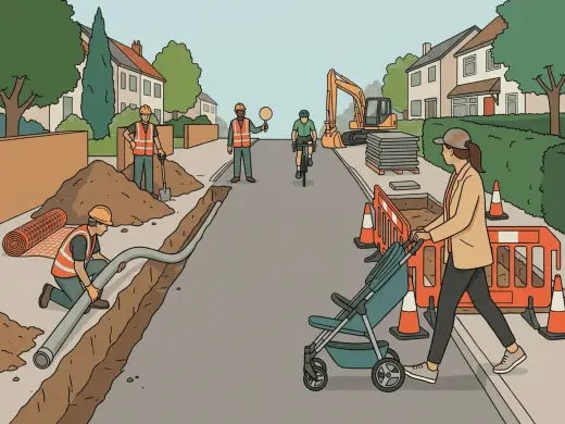 A sidewalk and pipe repair on a residential street in the morning: a worker kneeling at the edge of an open trench guiding a length of pipe down into it, a second worker standing on the heap of earth with a shovel, a third holding up a blank round stop paddle in the middle of the road, a cyclist riding up the road towards the works, and a parent pushing a stroller off the kerb into the road to get around the barriers on the sidewalk.