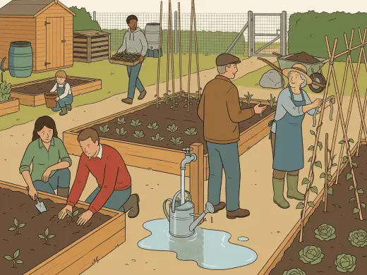 A community garden of raised beds on a spring Saturday morning: two adults kneeling at a bed setting seedlings into the soil, an older gardener tying a tall plant to a stake, a child crouching by another bed with a plant pot in her hands, someone walking up the path with a tray of seedlings, a wheelbarrow of soil left standing on the path, and a watering can overflowing under a running tap while the man who left it there stands with his back to it, talking.