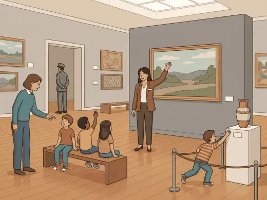 A school class in the picture gallery of a museum: a guide with one arm raised towards a large framed painting, three children on a bench in front of her with one of them putting a hand up, the teacher at the side of the bench counting them, an attendant standing in the doorway of the next room facing away, and a fourth child who has ducked under the rope around a display pedestal and is reaching out towards the vase on top of it.