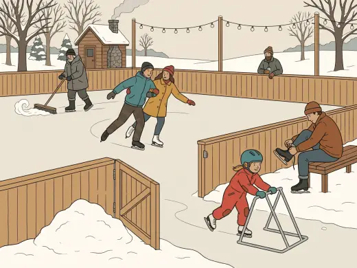 An outdoor skating rink in a park on a winter afternoon: two adult skaters gliding side by side arm in arm, an attendant pushing a wide snow brush across the far end of the ice, a man watching from outside the boards with a flask in his hand, a parent sitting on a bench pulling a skate lace tight with his head down, and a small child on a metal skating support frame gliding away from him towards the open gate in the boards.