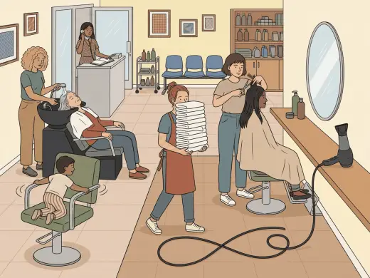 A small hair salon on a Saturday: a stylist cutting the hair of a client in a chair, a second stylist rinsing an older client’s hair at the backwash basin, a receptionist at the desk with a telephone to her ear, a child kneeling on an empty styling chair and spinning it round, and an assistant carrying a tall stack of towels that hides the floor from her, walking towards the cord of a hairdryer that is looped across the walkway.