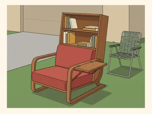 A piece of furniture that is part bookshelf and part armchair, with a curved wooden frame and a small folding tray on one side.