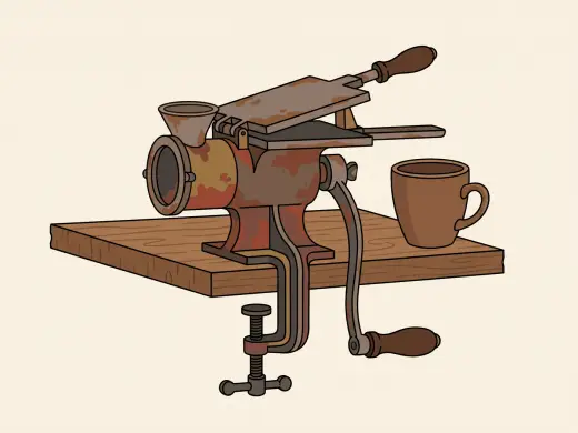 A metal kitchen device with a hand crank, two hinged plates and a clamp for the edge of a table.