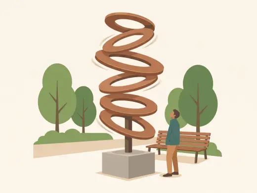 A tall outdoor sculpture made of stacked metal rings that turn in the wind, standing on a concrete base in a park.