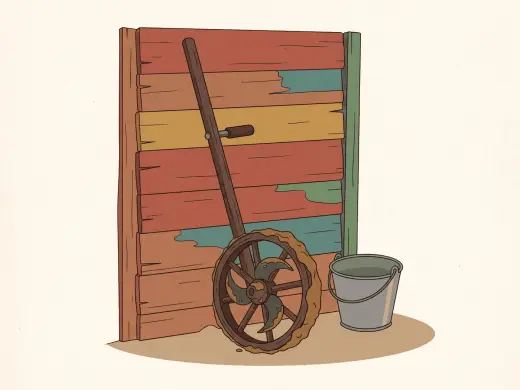 A long-handled garden tool with a wheel at one end and three curved blades that spin when it is pushed.