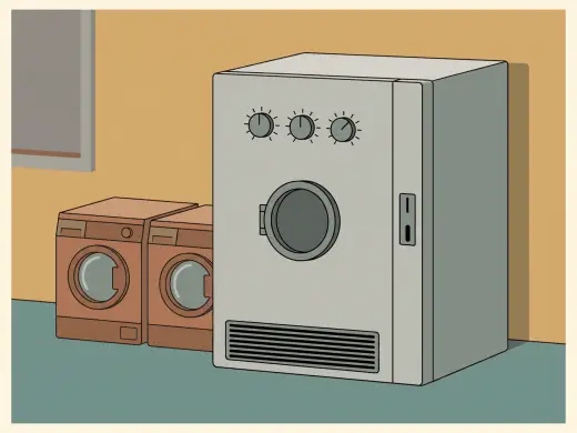 A boxy machine the size of a fridge with a round door, three dials and a coin slot, standing beside ordinary washing machines.