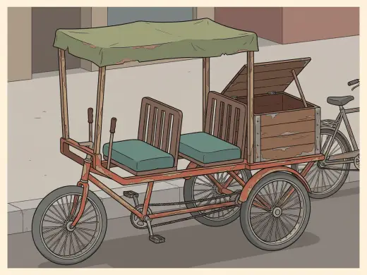 A vehicle that is part bicycle and part small cart: three wheels, two seats side by side, a roof, and a box on the back.