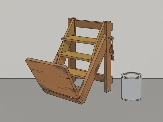 A wooden object that folds out from a chair into a short stepladder, with a hinged seat, three flat treads and a rope down one side.
