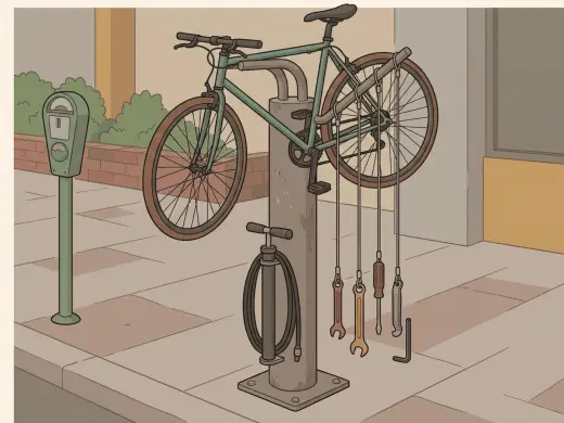 A metal stand bolted to a sidewalk with two curved arms that hold a bicycle up in the air, a pump on a long hose and a row of small tools hanging from cables.
