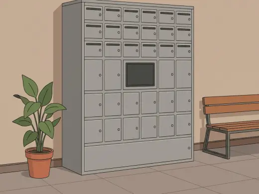 A tall lobby cabinet made of rows of small doors of several different sizes, with one wider door at the bottom and a blank screen set into the middle of it.