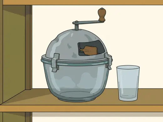 A hand-cranked kitchen machine with a domed metal lid, a heavy glass bowl underneath it and a wooden paddle showing through an opening in the side.