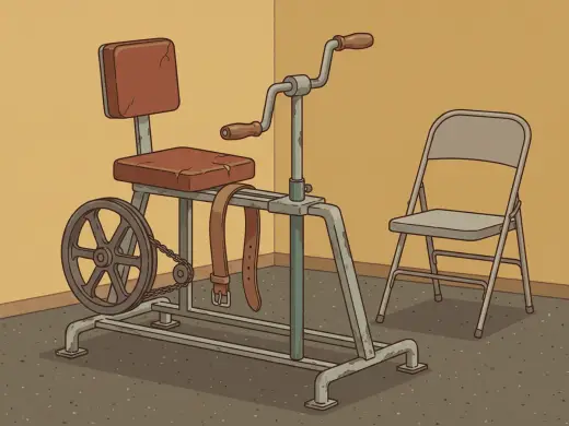 An old exercise machine with a padded seat, a hand crank mounted in front of the seat, a wide leather strap and a heavy metal flywheel on one side.