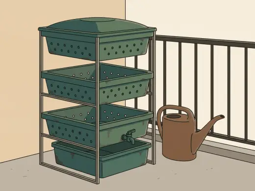 A tall balcony container built from three stacked shallow trays in a frame, with a domed lid on top and a small tap near the bottom.