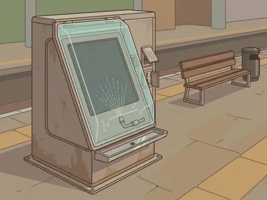 A ticket machine on a station platform with a clear hood folded down over its blank screen, a nozzle spraying mist inside it and a metal tray along the bottom.