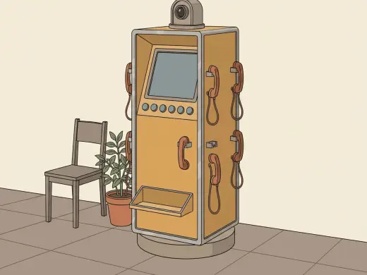 A tall public terminal with a blank tilted screen, a row of plain round buttons under it, small telephone handsets hanging on cords all round its sides and a camera pod on top.