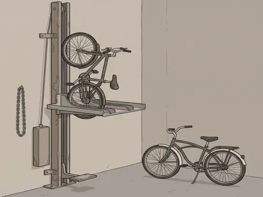 A rail fixed up a garage wall with a tray running on it that holds a bicycle in the air, a counterweight box on a cable, a hand chain and a foot pedal at the bottom.
