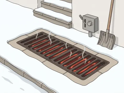 A metal grate set into a snowy sidewalk with glowing coils and steam coming up through its slots, bare dry paving all round it, and a small box with a lever and a dial on the wall beside it.