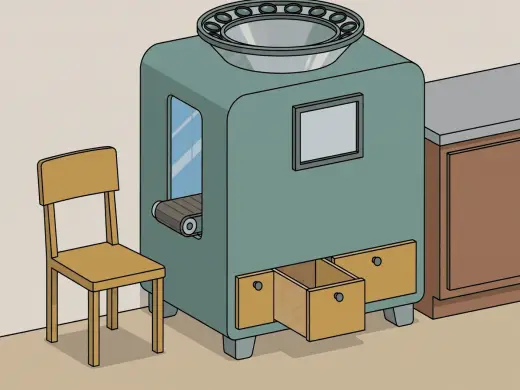 A cabinet the height of a counter with a funnel opening ringed by lenses on top, a blank screen on the front, a window showing a short belt inside, and three drawers of different widths along the bottom.