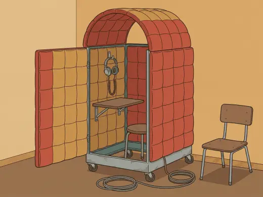 A one-person booth on wheels made of padded panels with a curved hood over the top, a door standing open, a folding shelf and headphones on a hook inside, and a coiled cable at its foot.