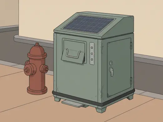 A chest-high steel street bin with a small hinged flap on the front, a solar panel set into its sloped lid, a foot pedal at the bottom, three small round lights beside the flap and a full-height door with a keyhole on one side.