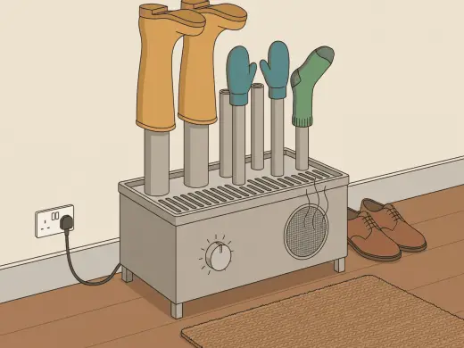 A waist-high metal cabinet with a row of hollow tubes standing up out of a slotted tray, a pair of boots and some mittens pulled upside down over them, a round timer knob on the front and a mesh grille blowing warm air.