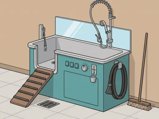 A long stainless steel tub set into a waist-high cabinet with a ramp of rubber treads running up to it, a clip on a chain, a spray head on a coiled arm, a fat black hose in a holster on the side and three buttons, a dial and a coin slot on the front.
