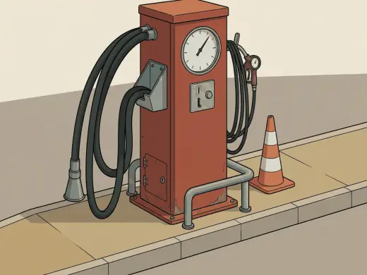 An upright steel pillar on a concrete island with a thick black hose ending in a wide flared nozzle, a thinner hose with a small gauge on its grip, one large round dial with no writing on it, a coin slot and a foot ring around its base.