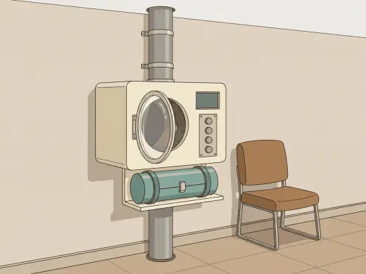 A wall unit the size of a microwave with a round clear door standing half open, a fat tube running up the wall out of the top of it and another running down into the floor, a smooth canister lying on a shelf underneath and four plain round buttons beside the door.