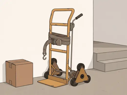 An upright hand trolley whose wheels are two triangular clusters of three small wheels each, with a fold-out plate at the bottom, a ratchet strap wound round the frame, a lever under the top handle and a small gearbox on the axle.